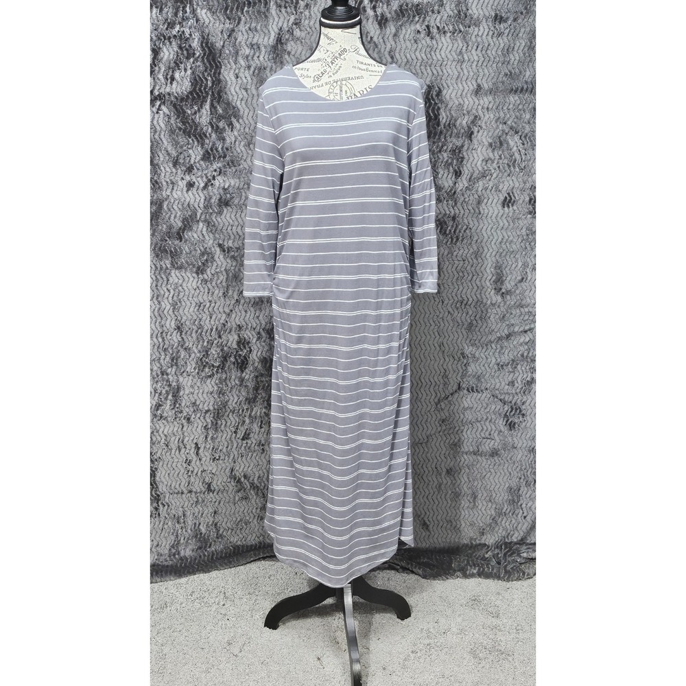 Athleta Dress Sz XL Comeback Ruched Midi Tank Black Pima Cotton Striped Grey